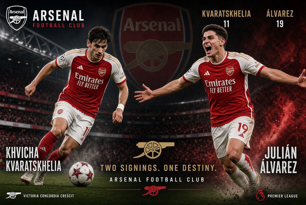 A2Canvas's tweet photo. Good morning, Gunners! 🔴⚪️
Kvaratskhelia on the left and Julián Álvarez up top. If we can land these two, we’re set for the next 5 seasons! 🔥🏆
#COYG #Arsenal #AFC #ArsenalTransfers https://t.co/l8YC8LkBau