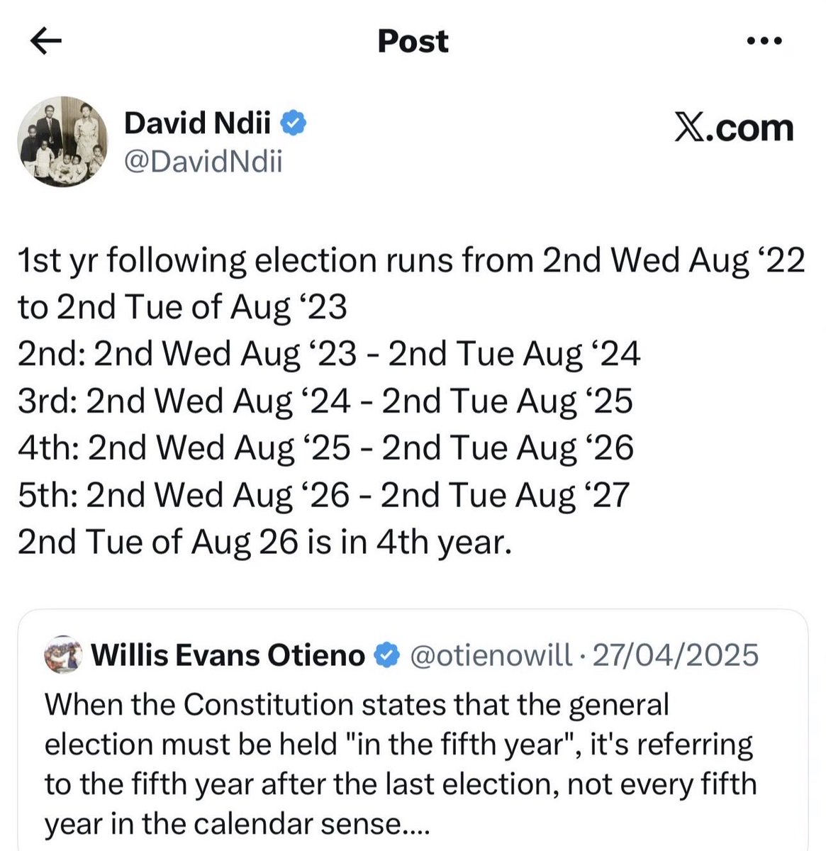 DavidNdii's tweet photo. Why law should be a second degree. A thread. 
The cause of the confusion on election dates is failure to recognize that the subject matter is not law or language. It is mathematics, specifically set theory.
The “2nd Tuesday of August” is a point, a single specific value. https://t.co/6iKacphOzJ