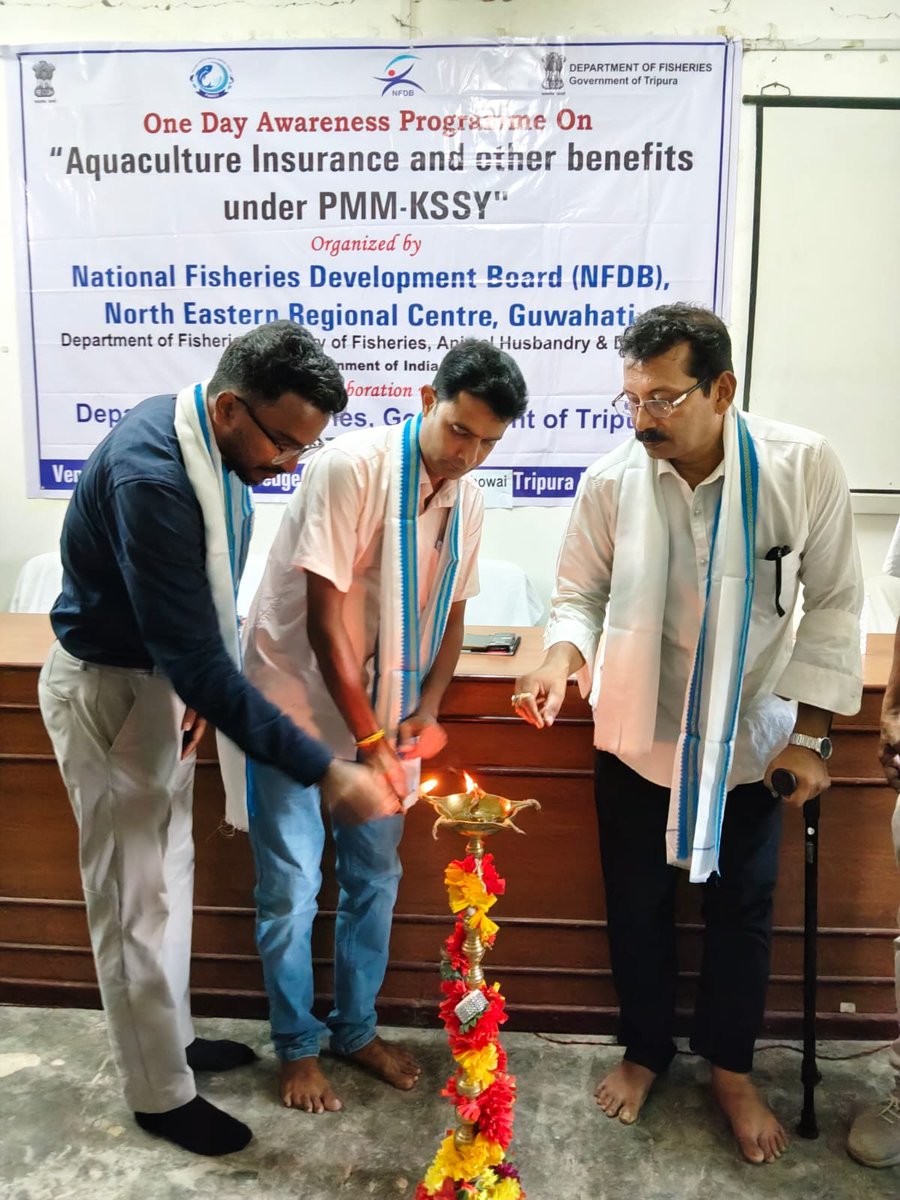 nfdb_india's tweet photo. 🐟 NFDB–NERC, Guwahati successfully organized a One-Day Awareness Programme on “Aquaculture Insurance and Other Benefits under
 PMMKSSY” on 7 August 2026 at the Training Centre of Fisheries, O/o Dy Dir of Fisheries, Khowai, Tripura, in collaboration with the Department of Fisheries, Khowai.

✨ Key Highlights:
• The programme was graced by Chairperson, Panchayat; Shri Bijay Kanti Gosh, Deputy Director of Fisheries, Khowai; and Shri Sujith Debnath, Superintendent of Fisheries, Khowai.
• Shri Sharath S. P., Executive Assistant, NFDB–NERC, Guwahati, highlighted benefits under PMMKSSY and the importance of NFDP Registration.
• Shri Dipankar Das, AIC Team, explained insurance coverage, risk management and insurance claim patterns under the scheme.
• Officials from the Department of Fisheries, Khowai shared insights on scientific aquaculture practices.
• The programme witnessed enthusiastic participation from 50+ fish farmers and stakeholders.

🌊 The programme strengthened outreach on aquaculture insurance, enhanced farmers’ resilience and promoted greater adoption of welfare schemes under PMMKSSY for sustainable fisheries development.

#NFDB #NERC #PMMKSSY #Aquaculture #Fisheries #AquacultureInsurance #NFDP #FishFarmers #Tripura #SustainableFisheries #BlueEconomy