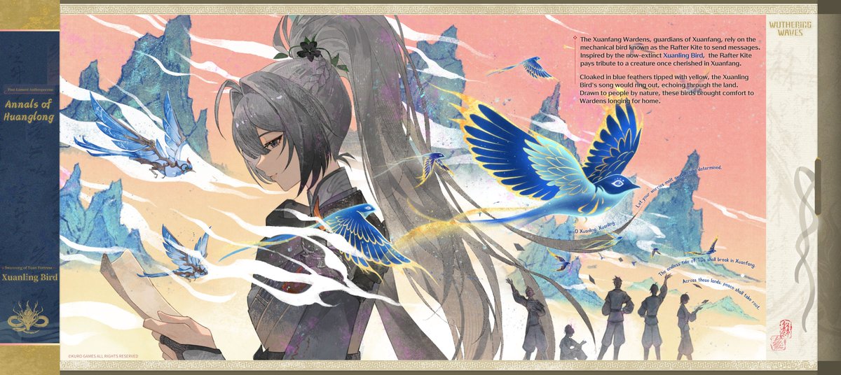 Wuthering_Waves's tweet photo. Annals of Huanglong: Swansong of Yuan Fortress — Xuanling Bird
The Xuanfang Wardens, guardians of Xuanfang, rely on the mechanical bird known as the Rafter Kite to send messages.
Inspired by the now-extinct Xuanling Bird, the Rafter Kite pays tribute to a creature once cherished in Xuanfang.

#WutheringWaves