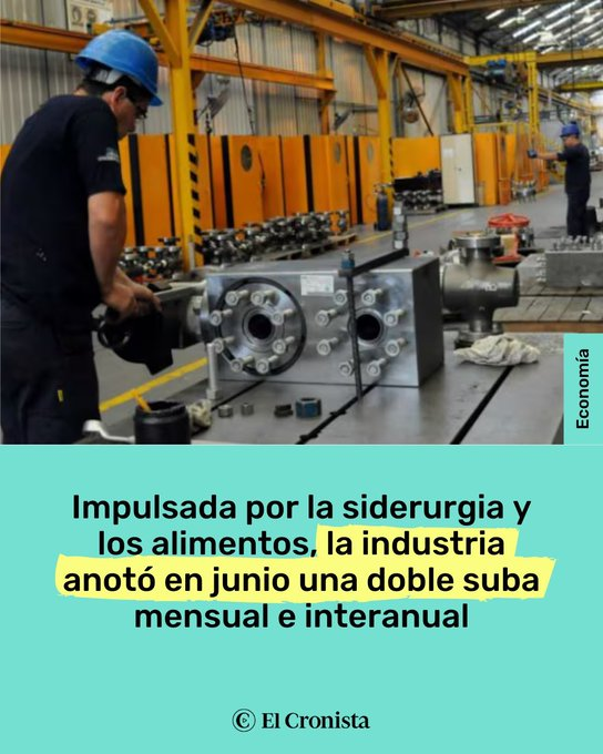 Applewhite41's tweet photo. La industria manufacturera registró en junio una “doble suba”, al mostrar resultados positivos tanto en la comparación interanual como en la medición contra el mes anterior. INDEC .- https://t.co/SVKwRWMfL3