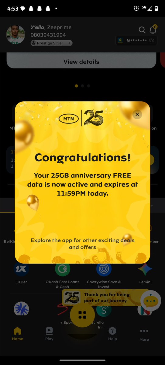 Utd_Prime0's tweet photo. MTN is giving out free 25GB data in celebration of its 25th anniversary.

I received this offer straight from the app. Valid until 11:59 pm after you activate it.

Download the myMTN NG app.
Or just update your app if you already have it.
Happy 25th Anniversary to MTN Nigeria. https://t.co/ZSMbh0ldeX