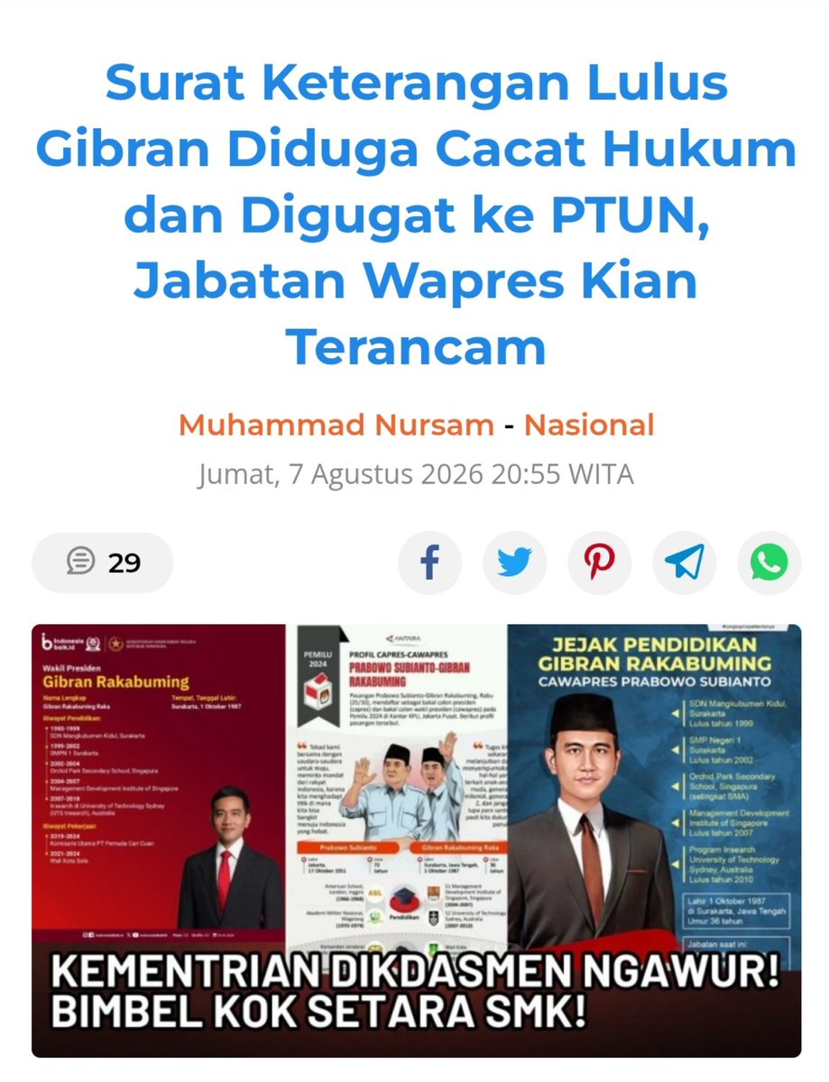ch_chotimah2's tweet photo. Pengkhianat tak akan pernah tenang hidupnya.

Dokumen keabsahan pendidikan Wakil Presiden Gibran kembali memicu polemik publik.

Kali ini, Surat Keterangan Penyetaraan Ijazah yang dikeluarkan oleh Kementerian Pendidikan Dasar dan Menengah (Kemendikdasmen) resmi menjadi objek gugatan di Pengadilan Tata Usaha Negara (PTUN).

Surat Keterangan Lulus Gibran Diduga Cacat Hukum dan Digugat ke PTUN, Jabatan Wapres Kian Terancam
https://t.co/tyKD0Jo6Mw