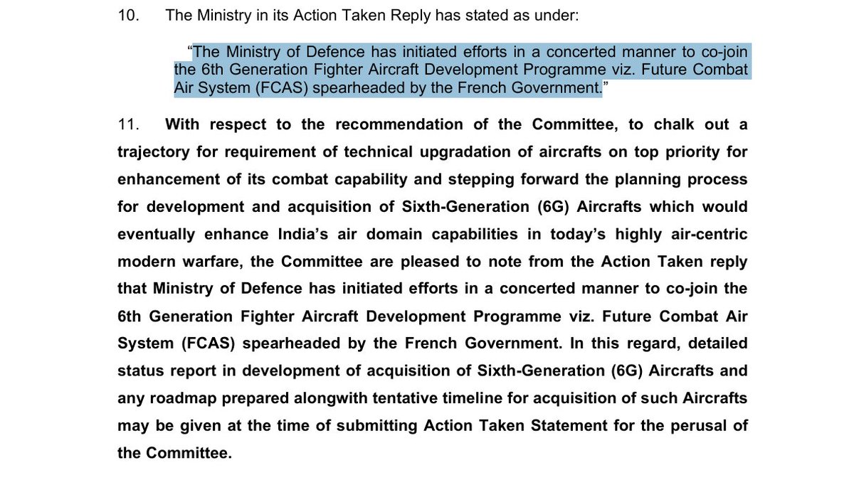 sidhant's tweet photo. India has "initiated efforts" to join France-led FCAS programme for sixth-generation fighter aircraft, Indian defence ministry tells Parliamentary committee

Excerpts from the report: https://t.co/1twr21K704