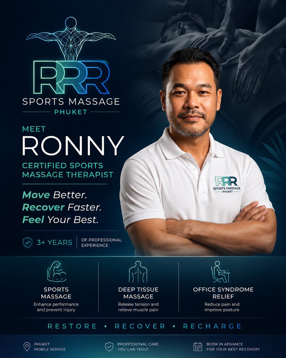 RRRSPORTMASSAGE's tweet photo. RONNY

CERTIFIED SPORTS MASSAGE THERAPIST

Move Better. Recover Faster. Feel Your Best.

SPORTS MASSAGE
DEEP TISSUE
OFFICE SYNDROME RELIEF

3+ YEARS OF PROFESSIONAL EXPERIENCE
#SportsMassage #MassageTherapy #Phuket #MobileMassage #Recovery https://t.co/420iCbd1bU