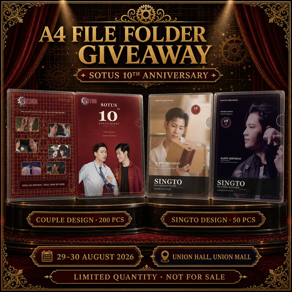 koyi1981's tweet photo. 🎁 SOTUS 10th Anniversary Concert GIVEAWAY

📅 29–30 August 2026
📍 Union Hall, Union Mall

I’ve prepared the following giveaways:

⚙️ A4 File Folders
• Couple Design — 200 pcs
• Singto Design — 50 pcs

⚙️ SOTUS 10th Anniversary Napkin Packs — 100 packs
⚙️ Krist & Singto Double-Sided Book Page Clips — 50 pcs

All items are free giveaways. Limited quantities, available while supplies last, and strictly not for resale.

🔁 Priority will be given to giveaway exchanges.
💙 please come and find me! 🥹🙏

Can’t wait to meet everyone and celebrate ten unforgettable years of SOTUS together ❤️

#SOTUS10thAnniversaryConcert
#SOTUSTheSeries #KristSingto #ทีมพีรญา