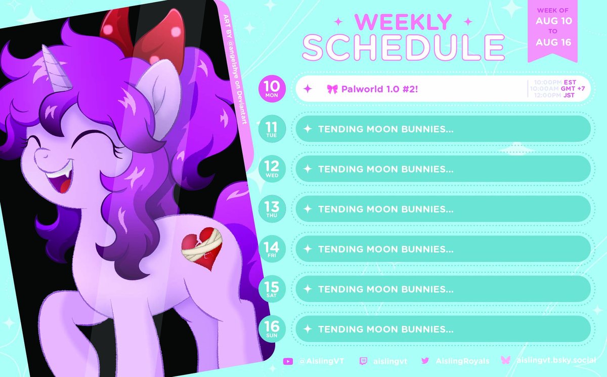 AislingRoyals's tweet photo. ✨ Weekend Stream/video Schedule! ✨   (10/8 - 16/8)

📌 Monday (10am GMT+7) -  🎀 Palworld 1.0 #2

(if you want to get your art featured, join our discord: https://t.co/zPVbMbJhs1 and post it in the #fanart channel!) https://t.co/7VA2qCUEDn