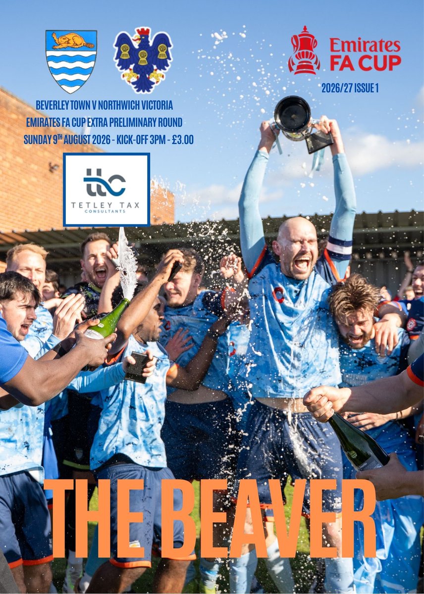 BeverleyTownSA's tweet photo. Our season starts tomorrow and The Beaver is back - bigger and better than ever and on sale at Norwood, as we welcome @NorthwichVicsFC in the @EmiratesFACup We’ve got a Q&amp;A with Rico, the lowdown on the new faces and all manner of goodies @nonleaguevol @TonyToony31 @bevtownfc https://t.co/jUOh6LoqC7