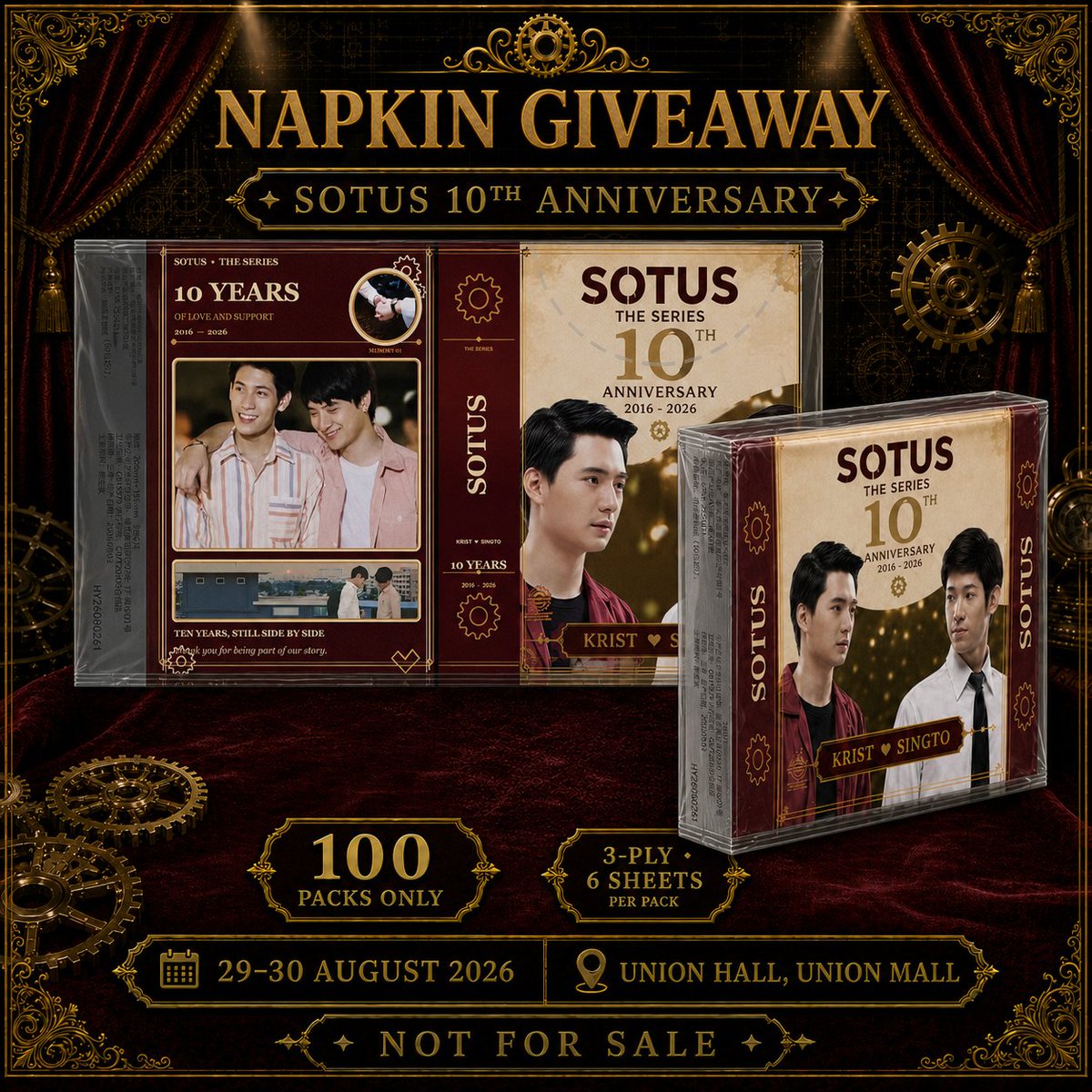 koyi1981's tweet photo. 🎁 SOTUS 10th Anniversary Concert GIVEAWAY

📅 29–30 August 2026
📍 Union Hall, Union Mall

I’ve prepared the following giveaways:

⚙️ A4 File Folders
• Couple Design — 200 pcs
• Singto Design — 50 pcs

⚙️ SOTUS 10th Anniversary Napkin Packs — 100 packs
⚙️ Krist & Singto Double-Sided Book Page Clips — 50 pcs

All items are free giveaways. Limited quantities, available while supplies last, and strictly not for resale.

🔁 Priority will be given to giveaway exchanges.
💙 please come and find me! 🥹🙏

Can’t wait to meet everyone and celebrate ten unforgettable years of SOTUS together ❤️

#SOTUS10thAnniversaryConcert
#SOTUSTheSeries #KristSingto #ทีมพีรญา