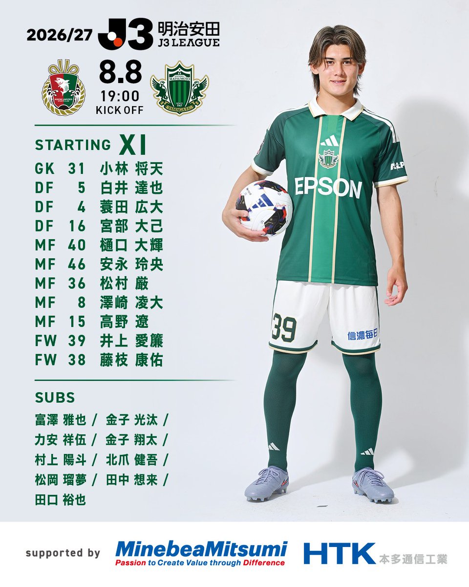 yamagafc's tweet photo. 【8/8🆚高知】
スタメン発表🔥🟢
🆚高知ユナイテッドSC
🕖19:00KO
🏟GIKENスタジアム
📺 DAZN
👉試合情報はこちら
https://t.co/JIWLc7PZom
#yamaga
#onesoul
#サイコウ
#jleague
#高知松本 https://t.co/GhfQfePDmr