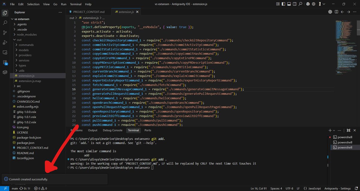 singhDivyansh77's tweet photo. One of the first features I built for GitIQ:

AI-powered commit messages.

Instead of spending time writing commit messages manually, GitIQ analyzes the changes and generates a clean Conventional Commit message

Small feature, but a useful one

#BuildInPublic #GitHub #VSCode #AI https://t.co/vLcyrGZ9Um