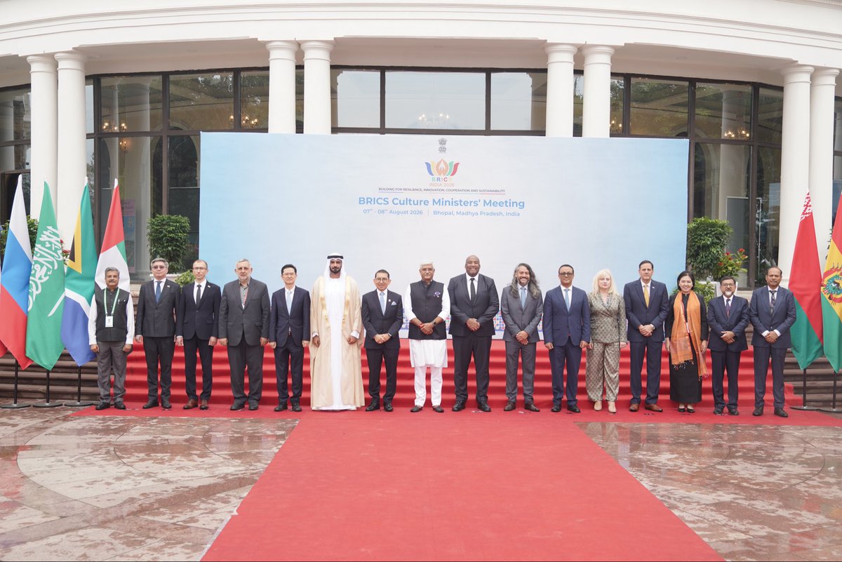 MinOfCultureGoI's tweet photo. The XI BRICS Culture Ministers’ Meeting in Bhopal, Madhya Pradesh, commenced with a traditional lamp-lighting ceremony, symbolising the illumination of knowledge, harmony and cultural unity.

Hon’ble Union Minister of Culture & Tourism Shri Gajendra Singh Shekhawat (@gssjodhpur), along with Heads of Delegation, including Ministers and Deputy Ministers from BRICS Member and Partner Countries, participated in the ceremony.

Shri Vivek Aggarwal, Secretary, Ministry of Culture; Shri Sudhakar Dalela, BRICS Sherpa and Secretary (ER), MEA; Shri Sheo Shekhar Shukla, ACS, Madhya Pradesh and other senior officials were also present on the occasion.

#BRICS2026 #CultureUnitesAll @BricsIndia2026