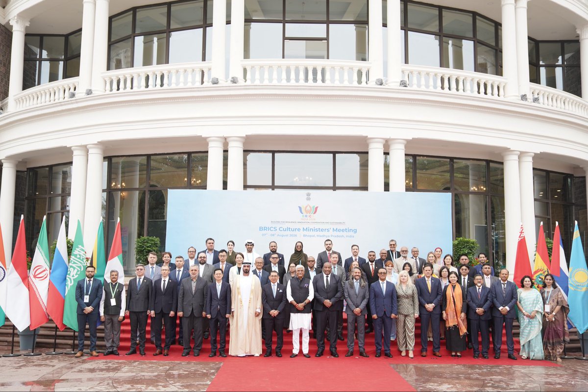 MinOfCultureGoI's tweet photo. The XI BRICS Culture Ministers’ Meeting in Bhopal, Madhya Pradesh, commenced with a traditional lamp-lighting ceremony, symbolising the illumination of knowledge, harmony and cultural unity.

Hon’ble Union Minister of Culture & Tourism Shri Gajendra Singh Shekhawat (@gssjodhpur), along with Heads of Delegation, including Ministers and Deputy Ministers from BRICS Member and Partner Countries, participated in the ceremony.

Shri Vivek Aggarwal, Secretary, Ministry of Culture; Shri Sudhakar Dalela, BRICS Sherpa and Secretary (ER), MEA; Shri Sheo Shekhar Shukla, ACS, Madhya Pradesh and other senior officials were also present on the occasion.

#BRICS2026 #CultureUnitesAll @BricsIndia2026