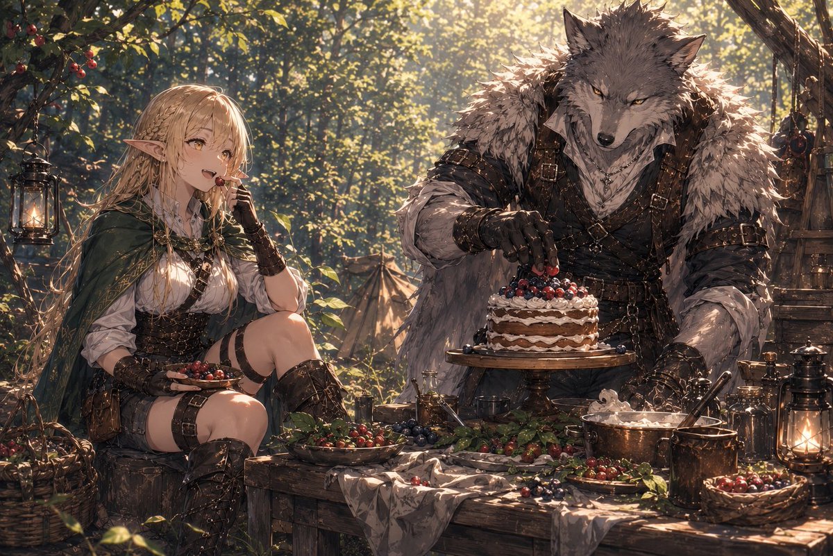 kohara82754's tweet photo. ルーナとソル午後のひととき

🧝‍♀️ 「ソルって、甘いものも作れるんだぁ」

🐺 「…故郷に弟や妹がたくさんいたからな。誕生日には、俺がケーキを作ってやったんだ。」

 #AIart  #aiイラスト️️️️️️️️️️️️️️️️️️️️️️️️️️️️️️️️️ https://t.co/n59EqQzvL7