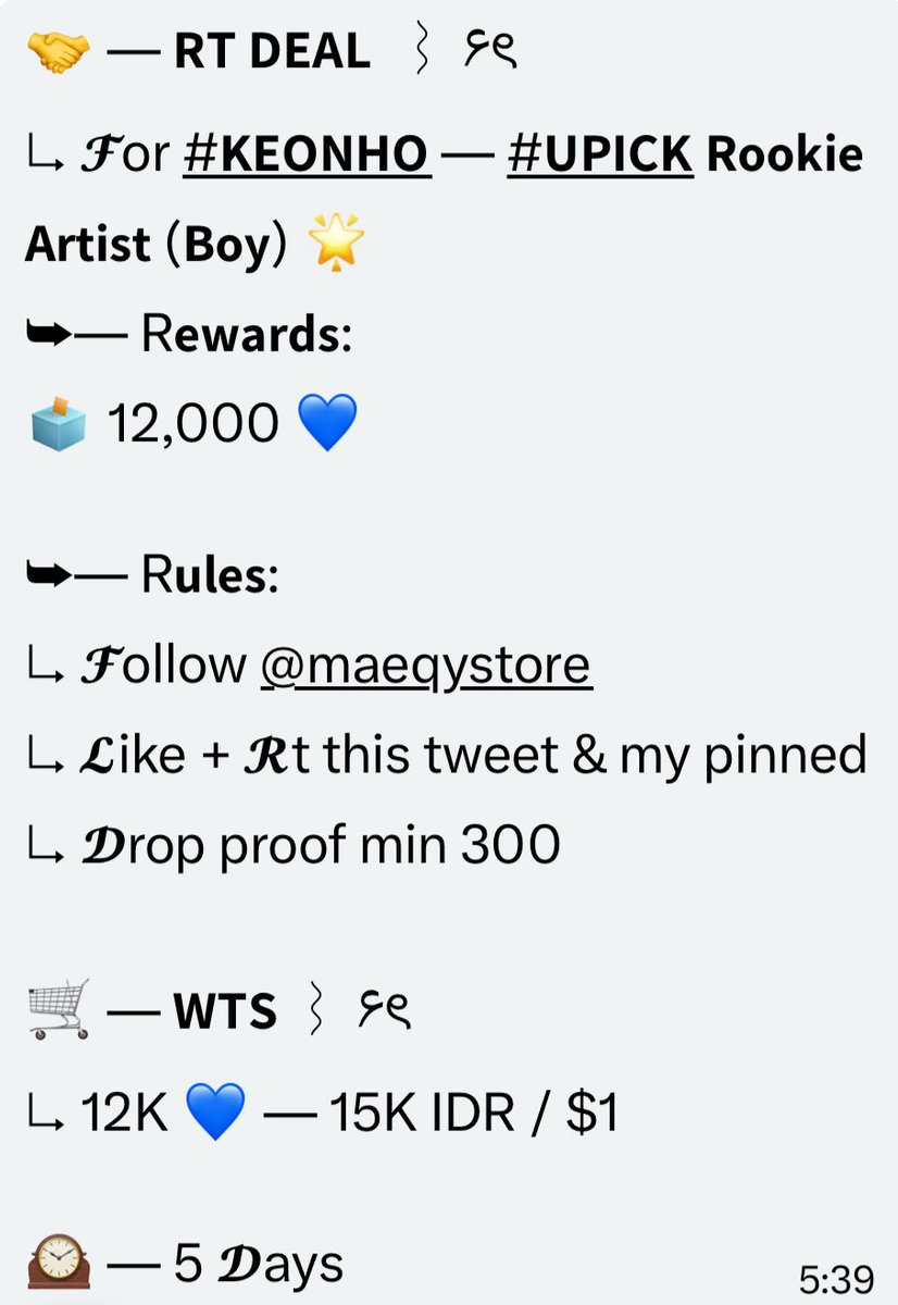 keonhovietnam's tweet photo. 🤝 — 𝗥𝗧 𝗗𝗘𝗔𝗟  ⌇ ۶ৎ
↳ 𝓕or #𝗞𝗘𝗢𝗡𝗛𝗢 — #𝗨𝗣𝗜𝗖𝗞 𝗥𝗼𝗼𝗸𝗶𝗲 𝗔𝗿𝘁𝗶𝘀𝘁 (𝗕𝗼𝘆) 🌟
➥— R𝗲𝘄𝗮𝗿𝗱𝘀:
🗳️ 12,000 💙

➥— R𝘂𝗹𝗲𝘀:
↳ 𝓕ollow @maeqystore 
↳ 𝓛ike + 𝓡t this tweet & my pinned
↳ 𝓓rop proof min 300

🛒 — 𝗪𝗧𝗦 ⌇ ۶ৎ
↳ 12K 💙 — 15K IDR / $1

🕰️ — 5 𝓓ays