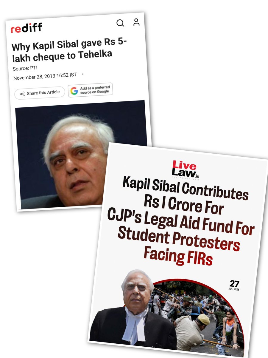 rkalia80's tweet photo. ⚠️ A word of caution for @CJP_for_India founders: Kapil Sibal’s support may come with some seriously bad omens...

Once upon a time, ₹5 lakh went towards supporting Tehelka in the name of “freedom of expression.” We all know how the Tarun Tejpal chapter eventually turned out.

Now ₹1 CRORE has reportedly arrived for CJP’s legal aid fund. 😳

Dear CJP founders, considering Kapil Sibal’s track record of picking causes, you might want to worry less about the FIRs and more about the Kapil Sibal curse. 😂

₹5 lakh → Tehelka
₹1 crore → CJP

Bas... aage aap samajhdaar ho.. 😉