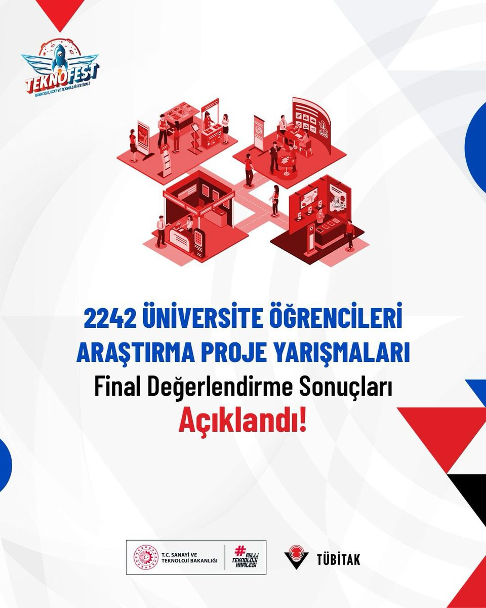 Tubitak's tweet photo. 👨‍🎓👩‍🎓 2242-Üniversite Öğrencileri Araştırma Proje Yarışmaları Final Değerlendirme Sonuçları Açıklandı

📝 Ön lisans ve lisans düzeyinde öğrenim görmekte olan öğrencileri araştırma yapmaya teşvik etmeyi, ülkemizin bilim temelli bilgi ve teknoloji üretimine katkı sağlamayı ve Millî Teknoloji Hamlesi doğrultusunda nitelikli insan kaynağının gelişimini desteklemeyi amaçlayan yarışmaya bu sene 1⃣.4⃣9⃣9⃣ takım başvurdu.

🏅 Finale çıkan takımlar arasından 2⃣7⃣'si ödül almaya uygun bulundu.

🏆 Dereceye giren takımlar 30 Eylül-4 Ekim 2026 tarihleri arasında Şanlıurfa’da düzenlenecek TEKNOFEST 2026 kapsamında ödül törenine davet edilecek.

Meraklarının peşinden giden gençlerimizi tebrik ediyoruz.👏

📌 @teknofest 
📌 @bilimletoplum 
📌 @TubitakBIDEB 

Detaylar: 👇
https://t.co/5QO0gqvNIR