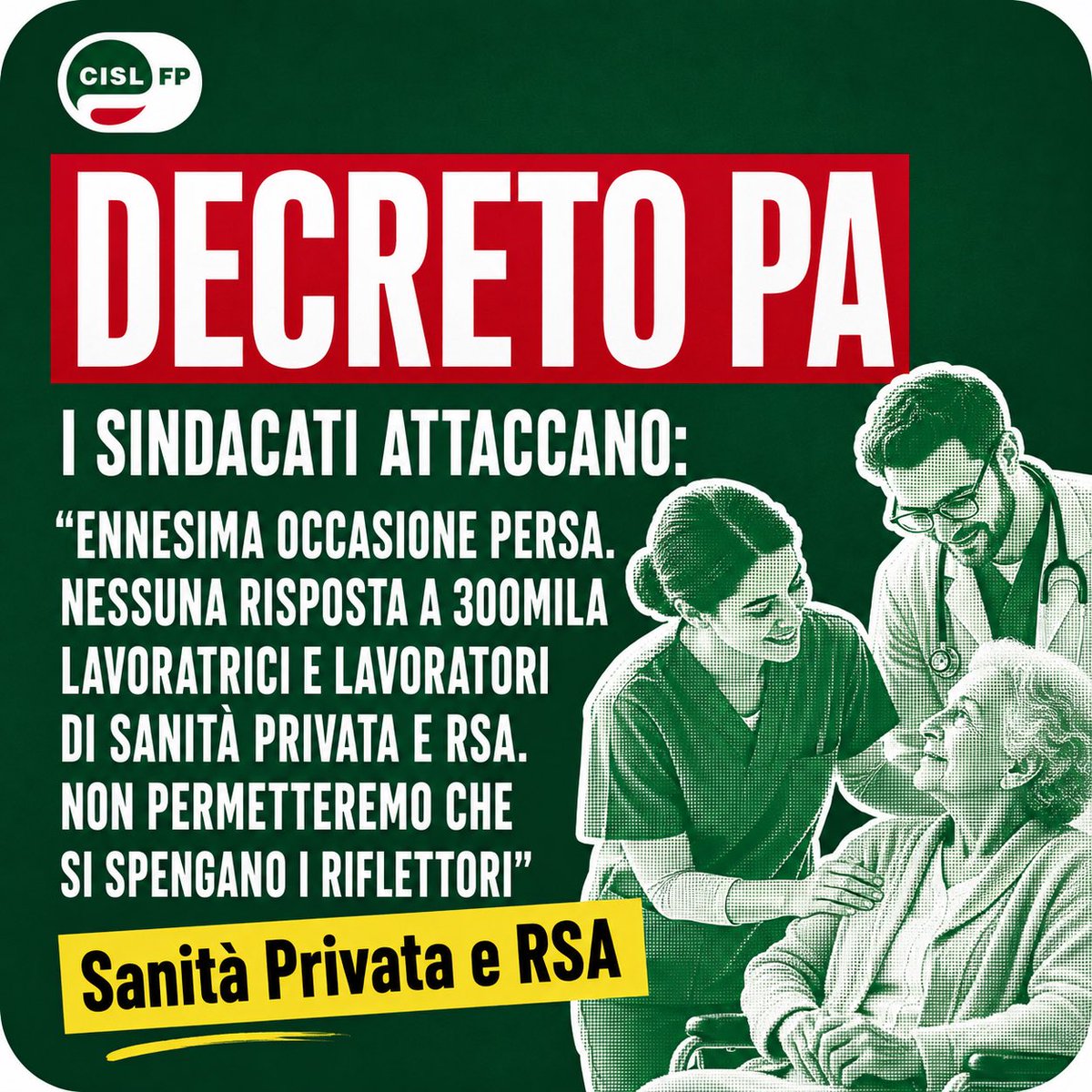 cislfp's tweet photo. Il #DecretoPA è un’altra occasione persa per dare risposte concrete a circa 300mila lavoratrici e lavoratori della #sanitàprivata e #rsa con #ccnl scaduti da 8 e 14 anni 

🔗 Leggi qui il comunicato unitario 👉 https://t.co/bykeERrEy9 https://t.co/LYiacXe799