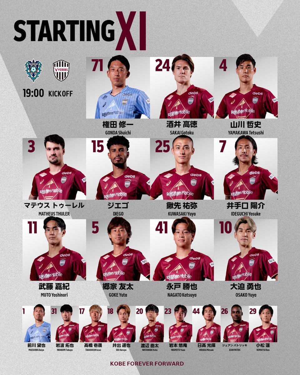 visselkobe's tweet photo. [LINEUP] 

今日はこのメンバーでアビスパ福岡と戦います！

Here is today's starting lineup against AVISPA FUKUOKA !

試合中継はDAZN📺
視聴は⏩https://t.co/zK724Kp2FE

#visselkobe #ヴィッセル神戸 https://t.co/o1qhiOXPQ9