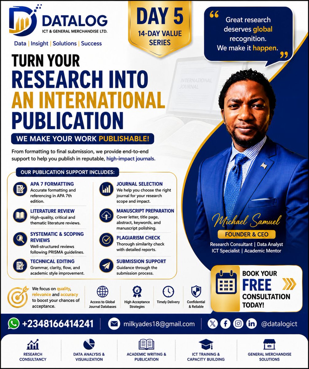 datalogict's tweet photo. 🌍 Your research deserves to go beyond your department, institution, or thesis defence—it deserves to be read, cited, and contribute to knowledge.

Have you completed a dissertation, thesis, research project, or conference paper that could become a publishable journal article?

At Datalog ICT & General Merchandise Ltd., we help researchers strengthen and prepare their manuscripts for submission to appropriate scholarly journals.

Our publication support covers:

✅ Manuscript restructuring and preparation
✅ APA 7 formatting and referencing
✅ Critical literature review support
✅ Systematic & scoping review guidance
✅ Technical and academic editing
✅ Journal identification and selection guidance
✅ Abstract, keywords and cover-letter preparation
✅ Similarity/plagiarism checking
✅ Submission-process guidance
🎯 Our focus is not merely submission. We help you improve the quality, clarity, methodological coherence, relevance, and presentation of your manuscript to strengthen its prospects during editorial and peer review.
⚠️ We also encourage researchers to avoid questionable and predatory journals. A publication should strengthen your academic profile—not undermine it.
🎁 Have an unpublished dissertation, thesis, or manuscript? Book a FREE initial consultation and let's assess its publication potential.
📲 WhatsApp: +2348166414241
📧 Email: milkyades18@gmail.com
🤝 REFERRAL CHALLENGE: Know a Master's/PhD graduate, lecturer, researcher, or colleague with good research sitting unpublished on a laptop? Send this post to them or tag them below. You might just help someone's research reach the audience it deserves.
Datalog ICT & General Merchandise Ltd.
 Data | Insight | Solutions | Success
 Your Success Is Our Reputation.
#DatalogICT #AcademicPublishing #JournalPublication #Research #ResearchSupport #AcademicWriting #APA7 #LiteratureReview #SystematicReview #ScopingReview #PRISMA #Dissertation #Thesis #PhDResearch #PostgraduateResearch #ResearchCommunity #HigherEducation #AcademicResearch #ResearchConsultant #NigeriaNews