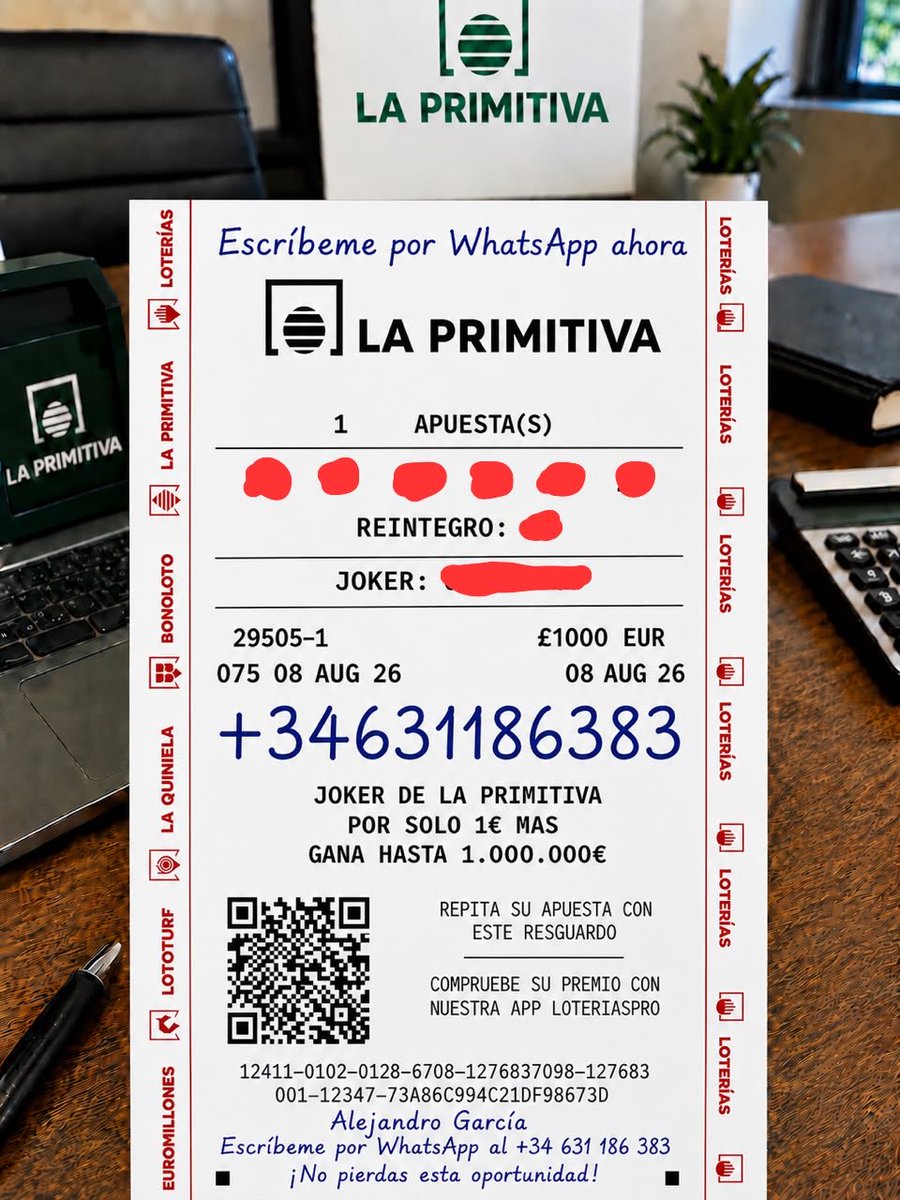 LaPrimitiva_ESP's tweet photo. 🚨 ¡LA PRIMITIVA YA ESTÁ DISPONIBLE HOY! 🎯🍀

¡No te la pierdas, chicos! 🔥
📲 Di “HOLA” por WhatsApp: +34 631 186 383
🎁 ¡Solo para las primeras 10 personas!

#LaPrimitiva #Loterias #LoteriaNavidad #España #Suerte #Ganador  #Madrid #Barcelona #Valencia #España2026 #Premio https://t.co/Uj2PMVIAMA
