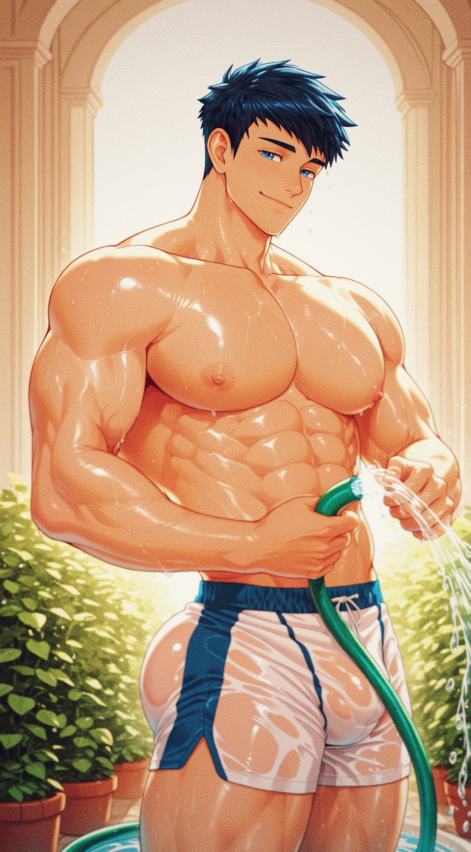 GoroSett's tweet photo. Morning chores in the garden… but Naoto wouldn’t mind a little distraction 💦

Check bio for more
#Naoto #CampBuddy #AiArt https://t.co/ltrLw4130D