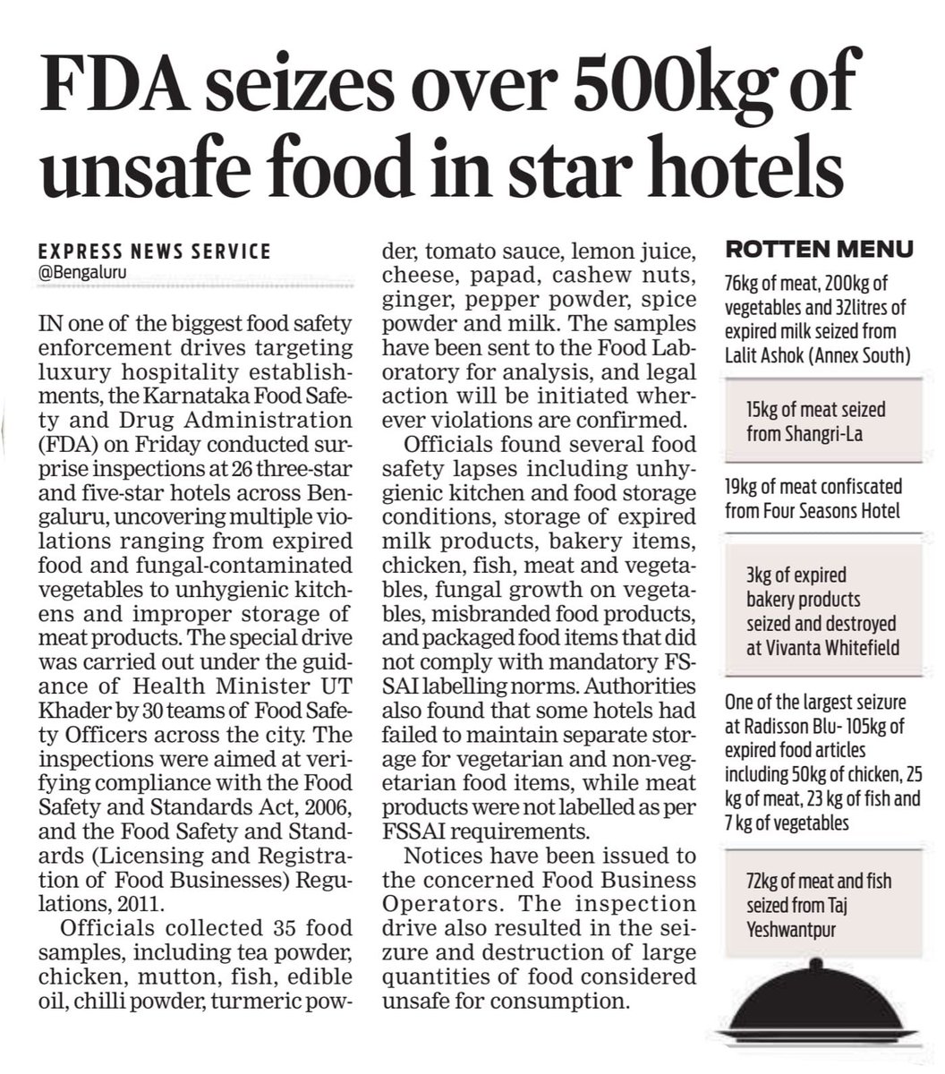 Moneypurseadv's tweet photo. 🚨 Food Safety Alert

The Karnataka Food Safety & Drug Administration (FDA) has seized 500+ kg of unsafe food during inspections at 26 three- and five-star hotels across Bengaluru.

Officials found expired food, fungal-contaminated vegetables, unhygienic kitchens, improper meat storage and expired dairy/bakery products. Notices have been issued to the concerned food businesses.

A serious reminder that food safety standards must be followed regardless of the establishment’s reputation.

#Bengaluru #FoodSafety #Karnataka #FDA #FoodSafetyAlert #FSSAI #FoodQuality #Health #ConsumerSafety #India