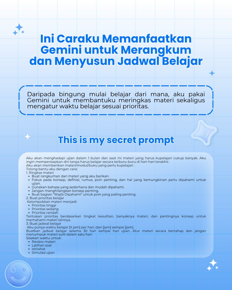 Vallms05's tweet photo. Mau merangkum materi sekaligus menyusun jadwal belajarnya, tapi gatau caranya gimana? 
Yuk, Cobain cara ini.🤩🙌🏻

@googleindonesia
#TeamGoogle #GoogleStudentAmbassador #GSA2026 #Gemini #GoogleAI https://t.co/QZyz6Citg5