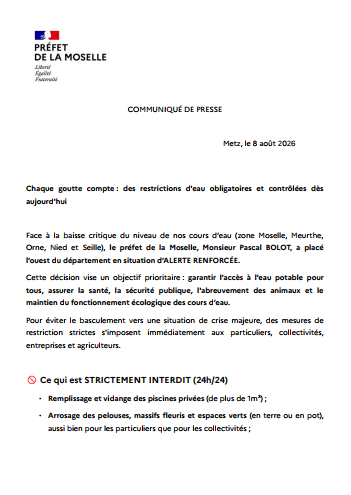 Image de Préfet de la Moselle - #information | Mesures de restriction d'eau relatives à la situation d'alerte sécheresse en #Moselle