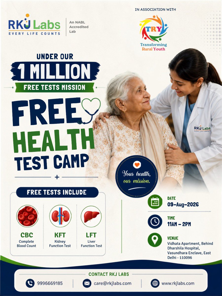 RKJLabs's tweet photo. Your health matters. 💙

RKJ Labs’ 1 Million Free Tests Initiative brings a FREE Health Test Camp to East Delhi.

🩸 CBC | 🫘 KFT | 🫀 LFT
📅 9 Aug | ⏰ 11AM–2PM
📍 Vasundhara Enclave, East Delhi

📞 9996669185

#RKJLabs #FreeHealthCamp #Healthcare https://t.co/JpvQAuqLJt