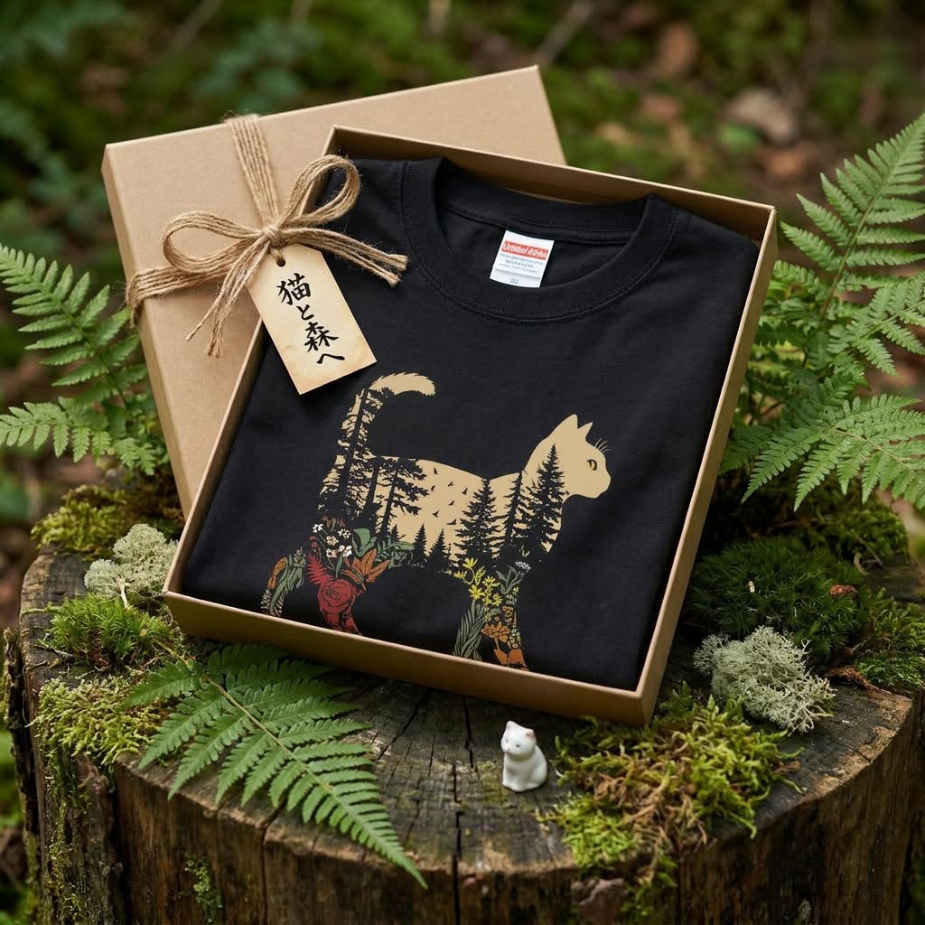 Campmode_jp's tweet photo. 猫のシルエットの中に、静かな森がひろがる。
自然が好きな人の日常に、そっと馴染む一枚。
猫好きな人への贈り物にも。

S〜3XL / ¥2,980（税込）