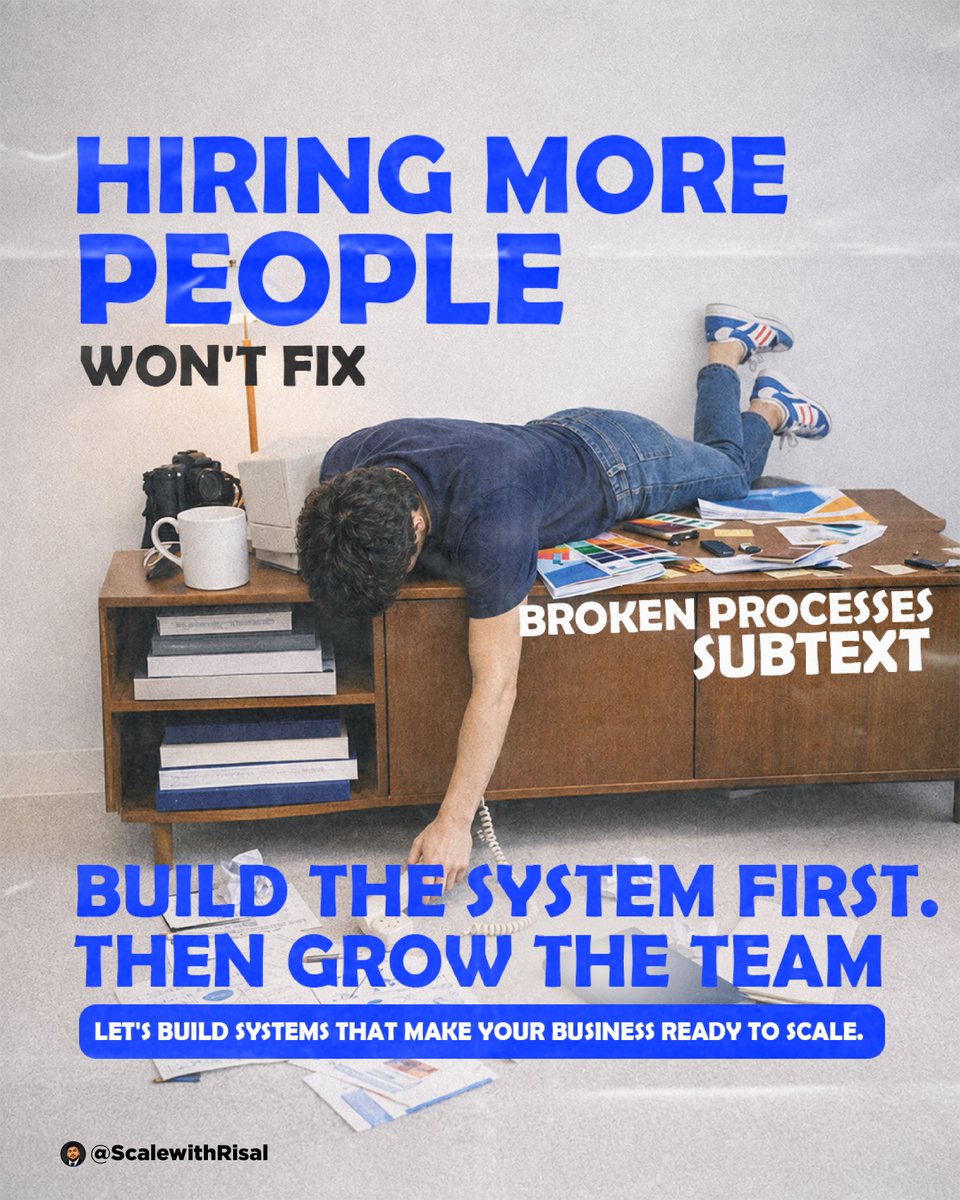 muhdrisal_'s tweet photo. Hiring more people won’t fix broken business processes.

Before scaling your team, build the right systems, SOPs and processes.

A business that depends on its founder for everything isn’t ready to scale.

Build the system first. Then grow the team.

#BusinessGrowth #SOP #SME https://t.co/qSH15BHbiO