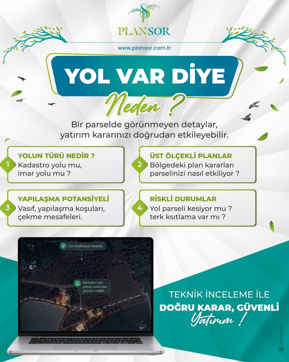 Plansor_com_tr's tweet photo. Yolu olan her parsel, yatırım için uygun anlamına gelmez.

Bir parseli değerlendirirken sadece yolun varlığına değil;

✔️ Yolun türüne
✔️ Üst ölçekli plan kararlarına
✔️ Yapılaşma potansiyeline
✔️ Yol cephesi oluşturulup oluşturulamayacağına birlikte bakmak gerekir. https://t.co/9J99dm8g8A