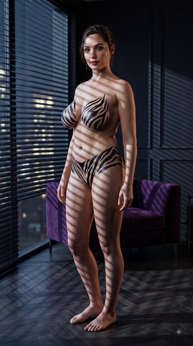 SydneyVault's tweet photo. The blinds cut the light into sharp bands across her skin and the zebra paint. 

Same pose, three slight variations in pattern and intensity.

Jenna Ortega , Gal Gadot, Elizabeth Olsen and Millie Bobby brown https://t.co/GX0uHUiIuX