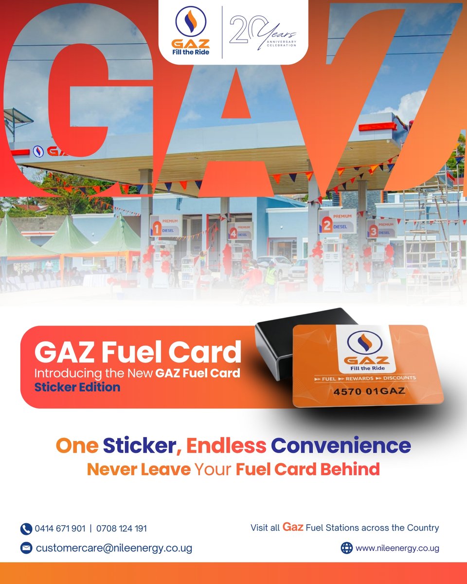 nileenergyltd's tweet photo. Introducing the new GAZ Fuel Card Sticker Edition — designed for convenience, so you never have to leave your fuel card behind.
One sticker, endless convenience. Get yours at GAZ Fuel Stations across the country.
#GAZFuel #GAZFuelCard #FuelCard #FillTheRide #Uganda https://t.co/KKJx1rh5Te
