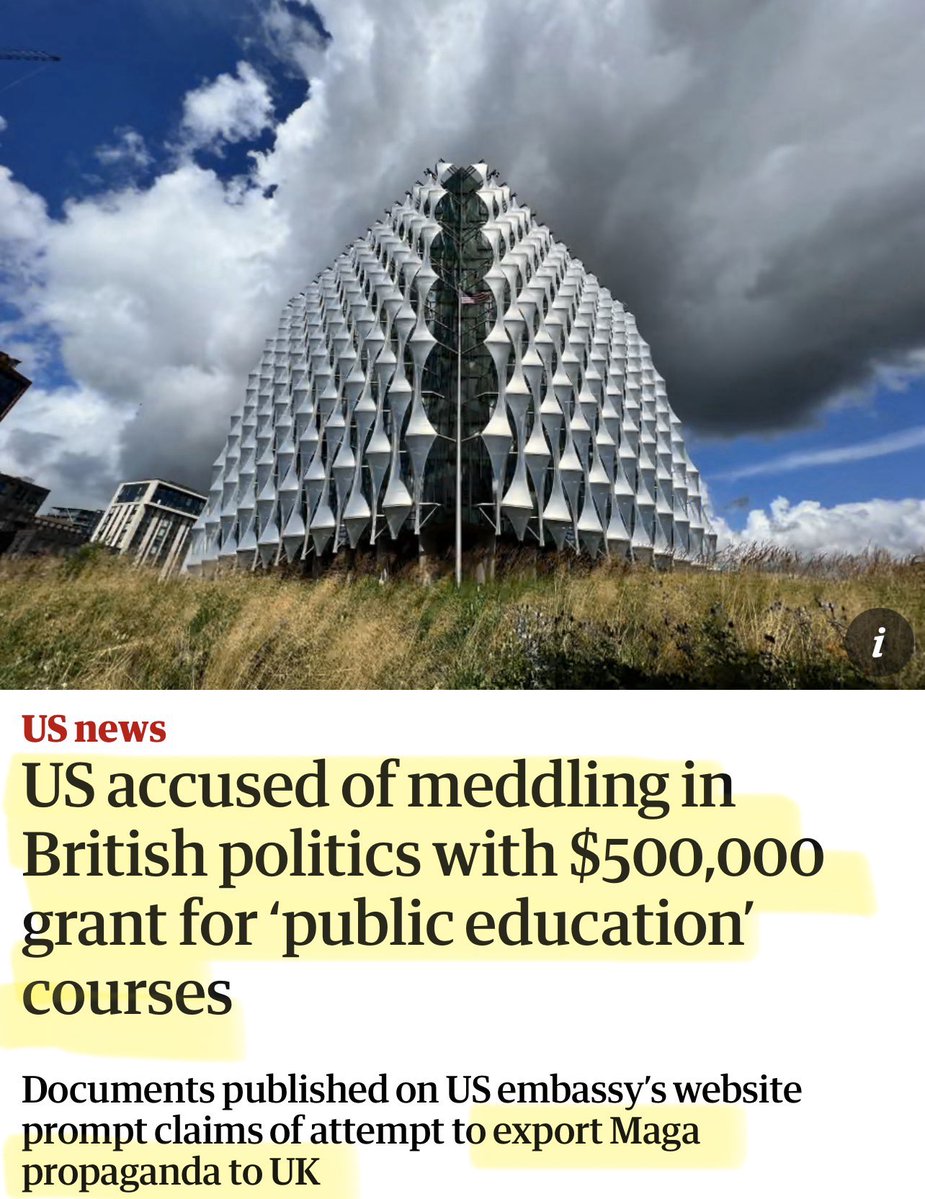 Artemisfornow's tweet photo. Huh? The Guardian thinks we are stupid.

America is offering $500,000 for UK educational programmes discussing dangerous MAGA concepts, such as

▪️Free speech
▪️Due process
▪️Trial by jury
▪️Limited government
▪️Rule of law
▪️Property rights
▪️Taxation by consent

Apparently this is sinister American interference in British democracy and MAGA extremism.

But it’s fine when this lot do it … Open Society admits spending about £3 MILLION funding British organisations involved in stopping Brexit.

US foundations pour money into British ‘racial justice’, gender and climate programmes.

And Britain now has an entire educational system embedding the UN Sustainable Development Goals into teaching!

Their own article reports that Biden era UK ‘public diplomacy funding’ supported “climate justice”, LGBTQ activism and race based initiatives.

So apparently what they mean is that  foreign money is absolutely fine when it pushes the approved narrative.

Complete hypocrisy!