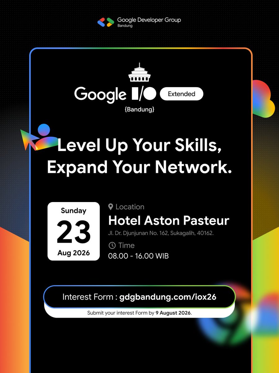 GDGBandung's tweet photo. Registration for Google I/O Extended Bandung 2026 is now open! 🚀

Registration Flow
1️⃣ Submit your Interest Form
2️⃣ Participant Review by the organizing team
3️⃣ Confirmation &amp; Payment (for selected participants)
4️⃣ Receive your official event ticket

#techcommunity #techevent https://t.co/jlB7Atvnay