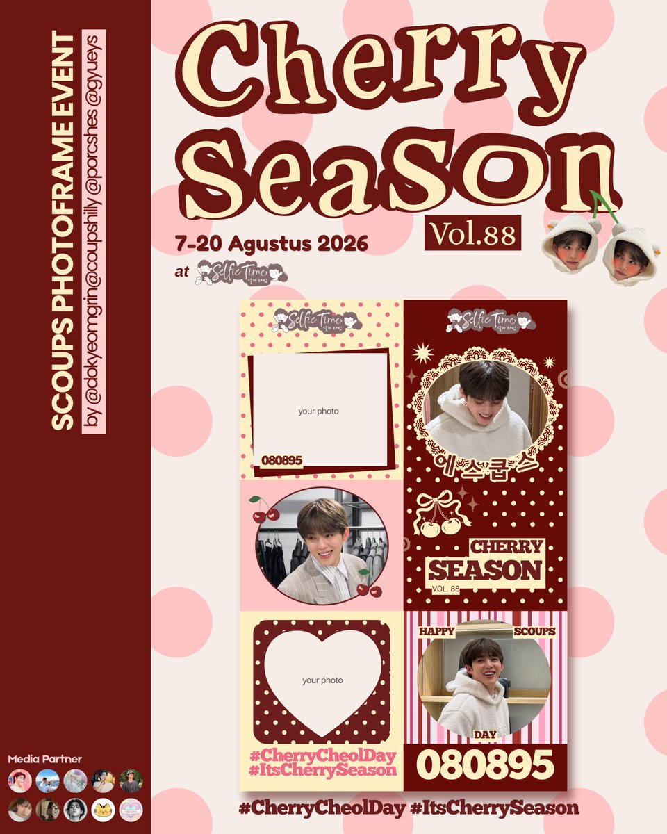 selfietimeid's tweet photo. Happy Birthday to S.Coups of SEVENTEEN! 😍

Di Selfie Time ada banyak frame fanbase spesial ultah S.Coups, salah satunya dari @coupshilly @dokyeomgrin @porcshes @gyueys 🍒

🗓️ 7-20 Agustus 2026
Don't miss it!

#selfietimeid #SCOUPS #SEVENTEEN #ItsCherrySeason #CherryCheolDay https://t.co/36jOXcsCch