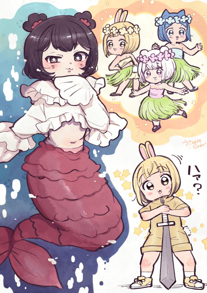 usahamisan's tweet photo. ※ちいちゃんたちとセイレーンちゃんの擬人化
一応♂♀どっちにも見えるように描いてる(つもり) https://t.co/mk06NF5UC1