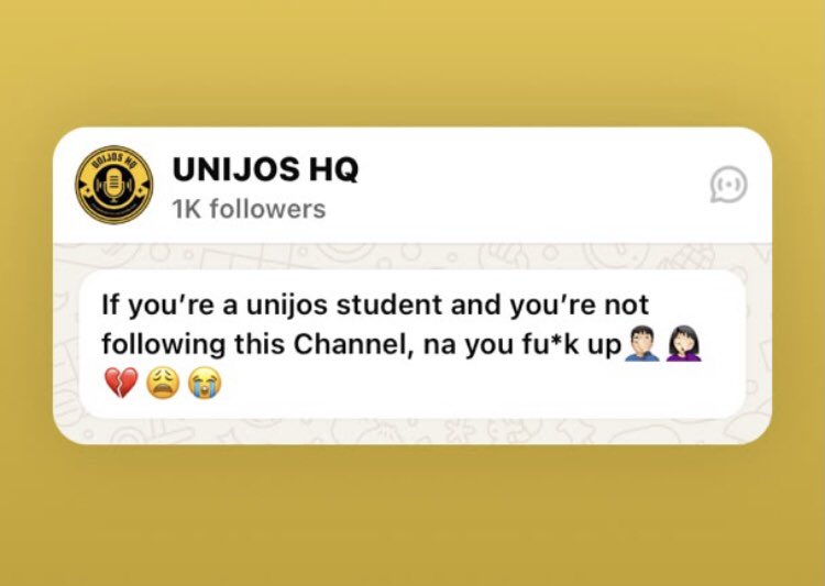 UNIJOSITES's tweet photo. If you’re a unijos student and you’re not following this Channel, na you fu*k up🤦🏻‍♂️🤦🏻‍♀️💔😩😭

Link on comment https://t.co/6Giuyc50ke