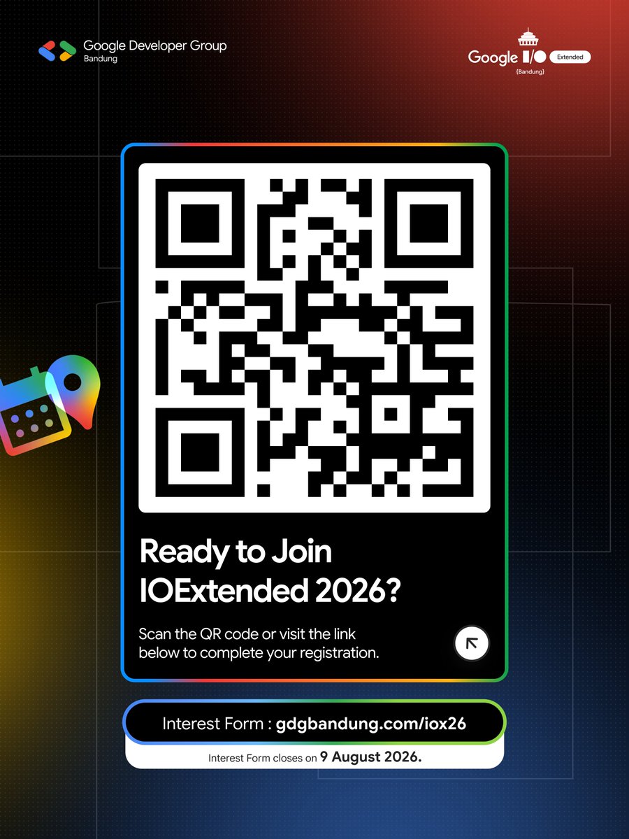 GDGBandung's tweet photo. Registration for Google I/O Extended Bandung 2026 is now open! 🚀

Registration Flow
1️⃣ Submit your Interest Form
2️⃣ Participant Review by the organizing team
3️⃣ Confirmation &amp; Payment (for selected participants)
4️⃣ Receive your official event ticket

#techcommunity #techevent https://t.co/jlB7Atvnay