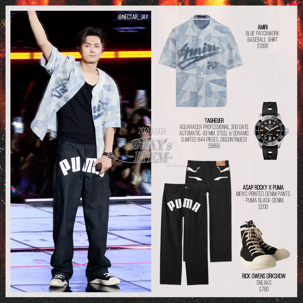 JAYs_ITEM's tweet photo. 🐈‍⬛제이옷장 / JAY's wardrobe
🎤260808 BLOOD SAGA IN BUSAN D1 soundcheck

👕 AMIRI
⌚️ TAGHeuer
👖 A$AP ROCKY X PUMA 
👟 Rick Owens DRKSHDW

#엔하이픈 #제이 #엔하이픈_제이
#ENHYPEN #JAY #ENHYPEN_JAY
#박종성 #종성 #ジェイ 
#종민수템 #종민수 #손민수 #손민수템 🌟 https://t.co/cN3EzPboMU