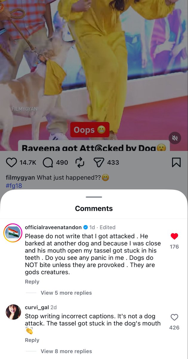 SnooopSnoopy's tweet photo. The media and people who love creating hate for absolutely no reason, here’s the clarification from Raveena Tandon herself.

She was NOT attacked. The dog did NOT bite her. Her tassel accidentally got stuck in his teeth. Dogs don’t bite unless provoked. She loves indie dogs and has adopted many herself! 

Now please, peace out and stop spreading unnecessary hate against dogs. There are better things to do with your life. 🙏🏼

@TandonRaveena 

#SaveIndianDogs #StrayDogs #India