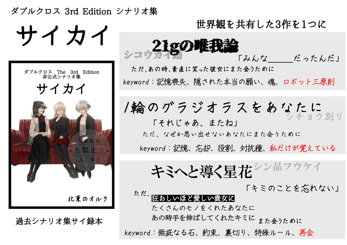 northeast_o_l_c's tweet photo. 【お品書き&amp;シナリオ紹介1/3】
8/14のUGN関西支部、北東のオルクは「い-8」となります。
#UGN中之島 

［新刊］シナリオ集『サイカイ』
世界観を共有している「21gの唯我論」「1輪のグラジオラスをあなたに」「キミへと導く星花」をまとめた再録本です。236ページ。

［既刊］ツリーにて紹介。 https://t.co/Yu4VNNu5Ft