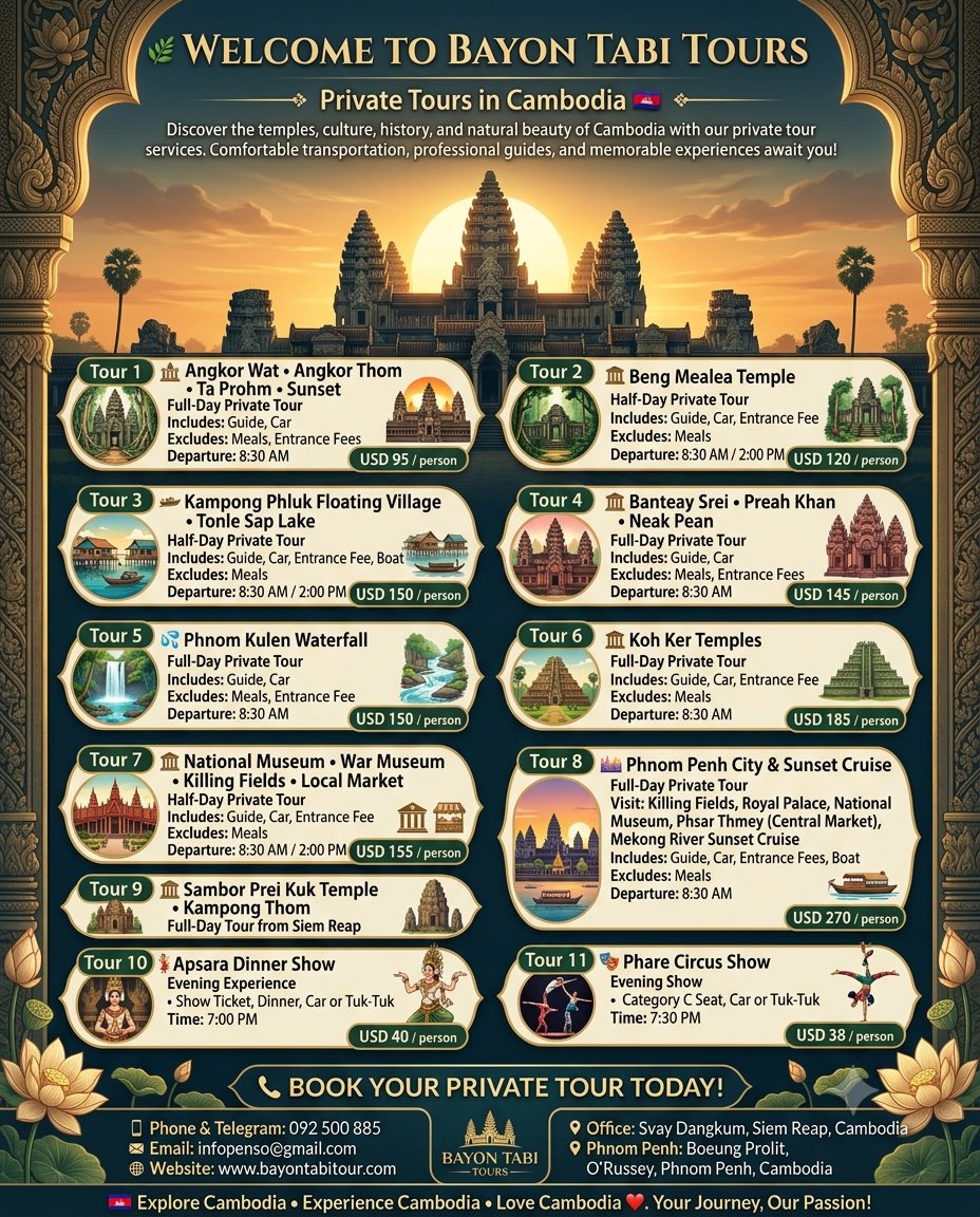 TabiBayon's tweet photo. 🌿 WELCOME TO BAYON TABI TOURS
Private Tours in Cambodia 🇰🇭
Discover the temples, culture, history, and natural beauty of Cambodia with our private tour services. Comfortable transportation, professional guides, https://t.co/wKLIR11Bmu
