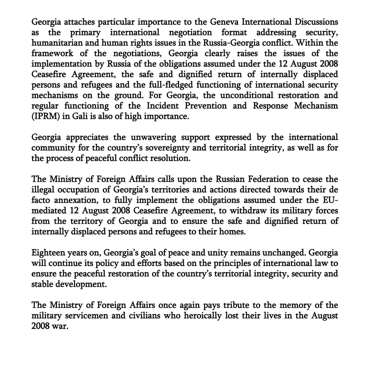 MFAgovge's tweet photo. Statement by the Ministry of Foreign Affairs of Georgia on the 18th anniversary of the military aggression by Russia against Georgia in August 2008

🔗 Full statement: https://t.co/rIViCMM0Fn https://t.co/00jBqrM1Nt
