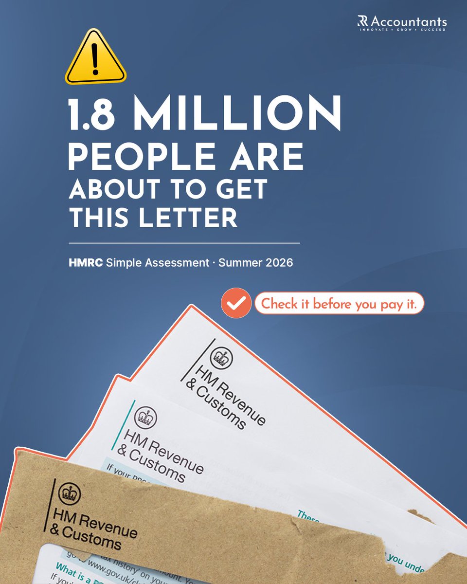 RRAccountantsUK's tweet photo. Brown envelope from HMRC? 1.8M Simple Assessment letters are landing now. Check before you pay — errors happen. 60 days to dispute. We'll check yours free. DM us. #HMRC #SimpleAssessment #UKTax #TaxTips #SelfAssessment #SmallBusinessUK #UKAccountant #TaxAdvice #PA302 https://t.co/TmiQFKqI2a