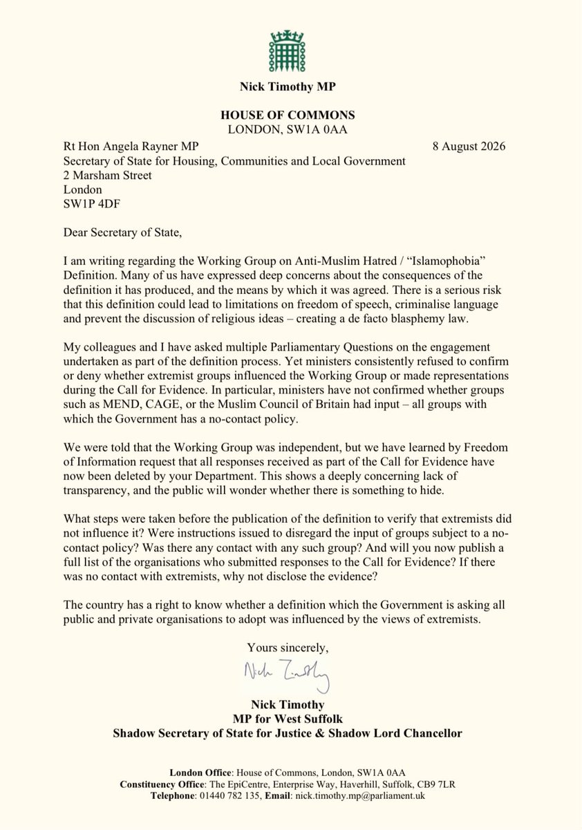 NJ_Timothy's tweet photo. Did Labour allow extremists to help draft their “Islamophobia” definition?

There’s a cover-up. 

They’ve deleted every single response to their consultation.

I have written to Angela Rayner demanding full transparency now. https://t.co/QKZmA9yYEy