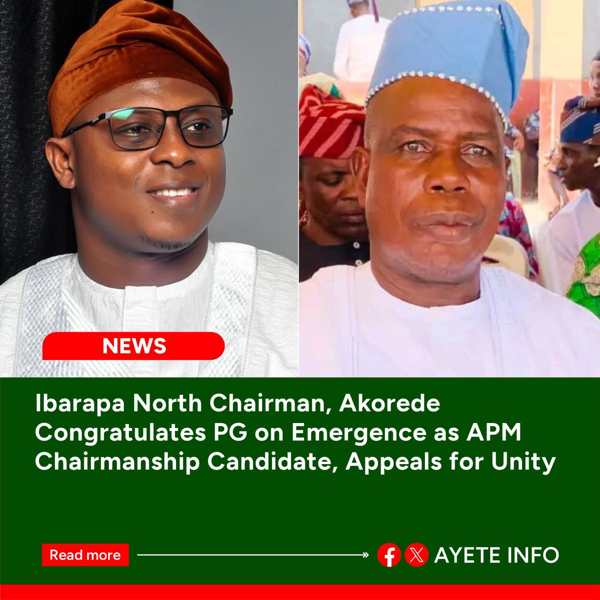 AyeteInfo's tweet photo. Ibarapa North Chairman, Akorede Congratulates PG on Emergence as APM Chairmanship Candidate, Appeals for Unity

Read more: https://t.co/7GTLIDd5f7 https://t.co/cboR2eQgQP