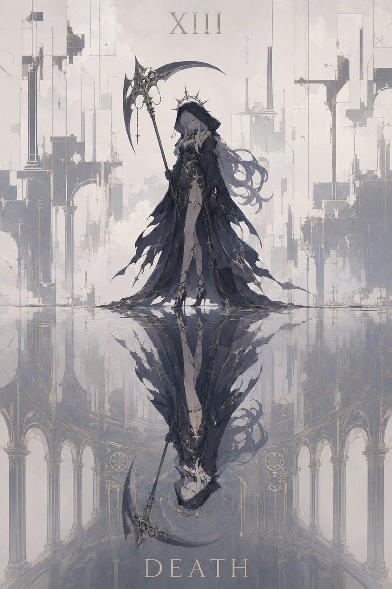 note_zakky's tweet photo. 『終焉を告げる使者』
静寂の水鏡の上で、彼女は大鎌を優しく振り下ろす。
切り落とされるのは旧き記憶。芽吹くのは、まだ見ぬ希望。
終わりを告げる声は、あまりにも静かで、あまりにも温かい。
「世界を終わらせに来ました。……あなたが、新しく生まれ変わるために」
#AIイラスト #aiart #タロット https://t.co/5tWGOk3DN9